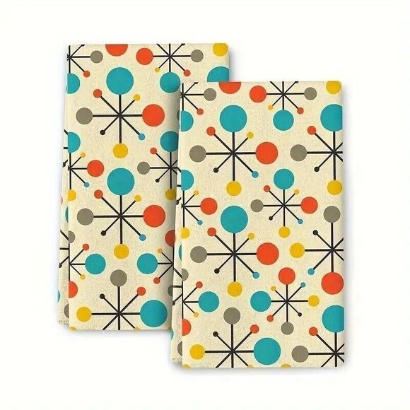 Retro Mid-Century Dots Modern Atomic Kitchen Towels 2pc Vintage Vibe Microfiber - Picture 1 of 4